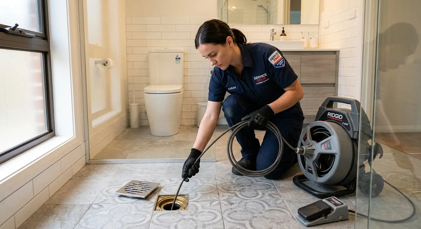 Technician clearing a bathroom floor drain for Sewer Line Replacement in Surf City